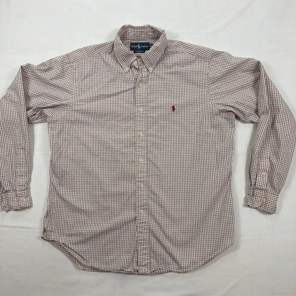 Ralph Lauren Button Down Shirt Classic Fit Cotton Check Large 16.5 L Burgundy‎